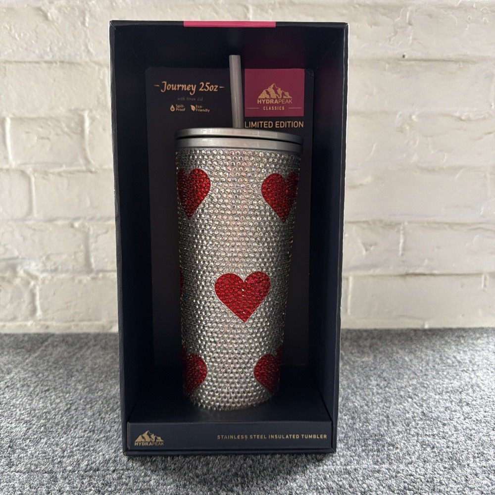 NEW HydraPeak Limited Edition Journey 25oz Silver Bling Red Heart Steel Tumbler